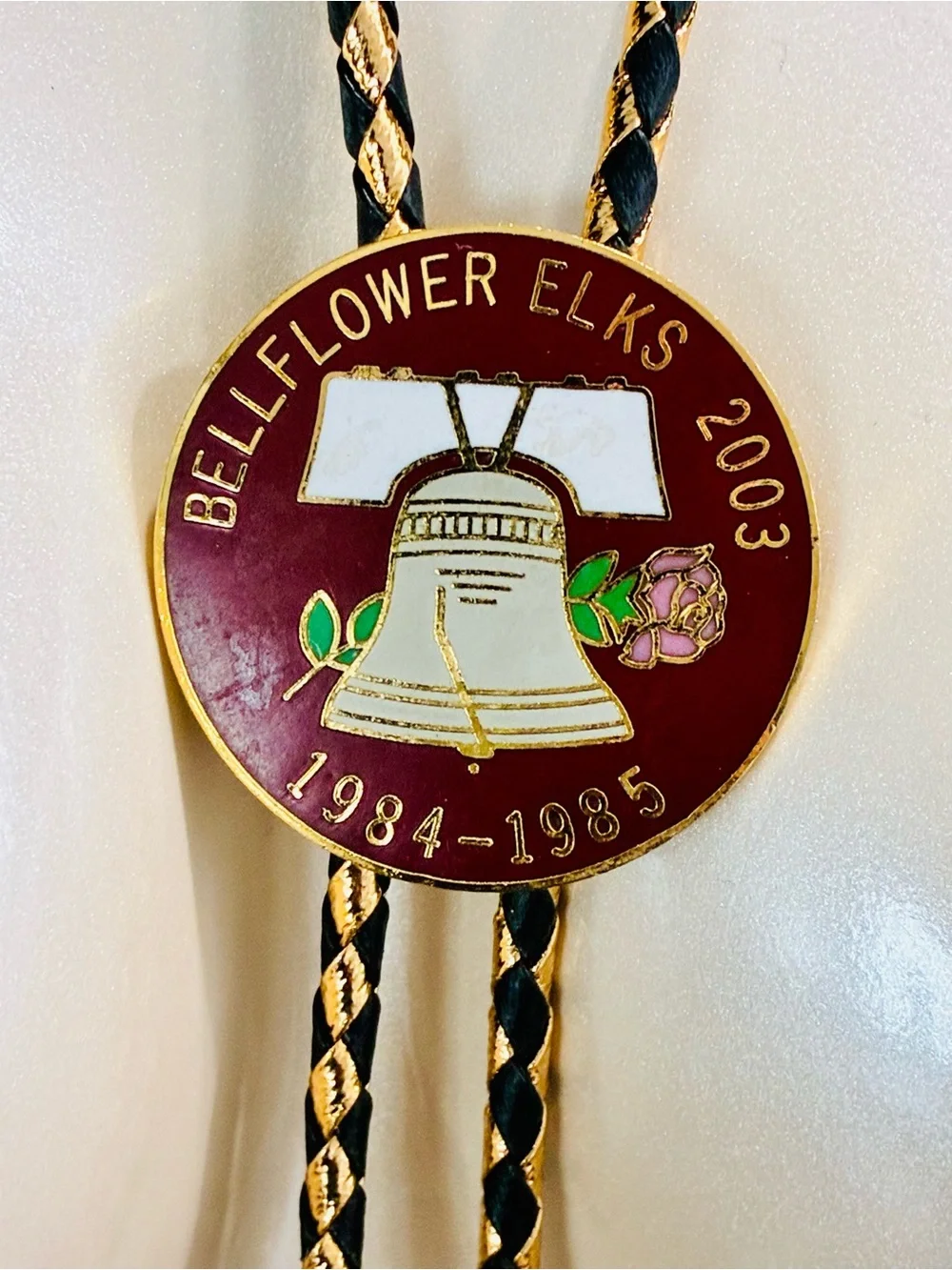 VTG Bellflower, Ca ELKS LODGE 2003 Braided LEA Bolo Necklace with Red Medallion
